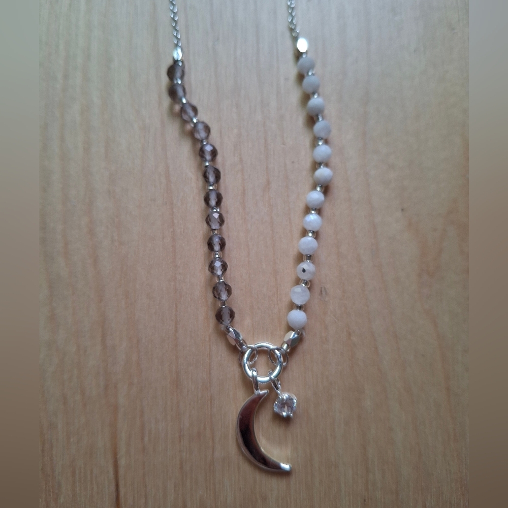 Smoky Quartz and Moonstone Beaded Silver Necklace with Crescent Charm